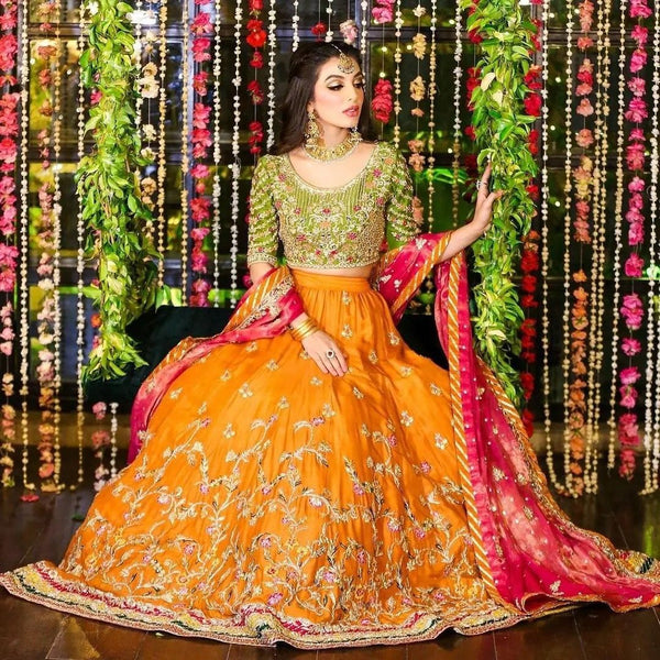 Delicate Mehndi Dress in Yellow and Green Combination – Aminas Collection