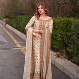 Haris Shakeel Inspired Ivory Gold Embellished Three Piece Suit