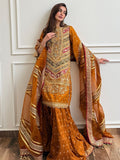 MNR Inspired Mustard Embroidered Gharara Suit with Striped Dupatta
