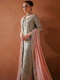 Haris Shakeel Inspired Mint Grey Embellished Suit with Pink Dupatta
