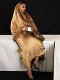 Hussain Rehar Inspired Camel Embroidered Three Piece Suit