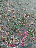 Haris Shakeel Inspired Mint Grey Embellished Suit with Pink Dupatta