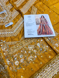 MNR Inspired Mustard Embroidered Gharara Suit with Striped Dupatta