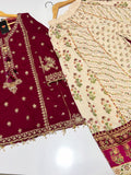 Khaadi Inspired Maroon Embroidered Shirt with Cream Gharara and Dupatta