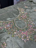 Haris Shakeel Inspired Mint Grey Embellished Suit with Pink Dupatta