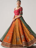 Maria B Inspired Orange Bridal Lehenga with Maroon Choli and Green Dupatta