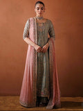 Haris Shakeel Inspired Mint Grey Embellished Suit with Pink Dupatta
