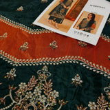 Haseenas Inspired Emerald Green Embroidered Suit | Orange Sleeves & Coordinating Dupatta