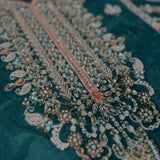 Haseenas Inspired Emerald Green Embroidered Suit | Orange Sleeves & Coordinating Dupatta