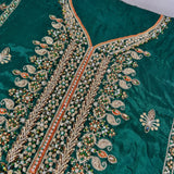 Haseenas Inspired Emerald Green Embroidered Suit | Orange Sleeves & Coordinating Dupatta