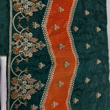 Haseenas Inspired Emerald Green Embroidered Suit | Orange Sleeves & Coordinating Dupatta