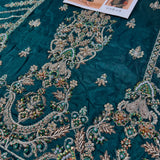 Haseenas Inspired Emerald Green Embroidered Suit | Orange Sleeves & Coordinating Dupatta