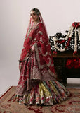 Hussain Rehar Motiya Carmine Red Raw Silk Pishwas Set | Chandheri Lehenga & Net Dupatta