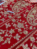Hussain Rehar Motiya Carmine Red Raw Silk Pishwas Set | Chandheri Lehenga & Net Dupatta
