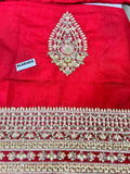 Hussain Rehar Motiya Carmine Red Raw Silk Pishwas Set | Chandheri Lehenga & Net Dupatta