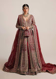 Hussain Rehar Sarang Berry Red Bridal Pishwas Lehenga with Sage Green Dupatta | Luxury Collection
