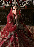 Hussain Rehar Motiya Carmine Red Raw Silk Pishwas Set | Chandheri Lehenga & Net Dupatta