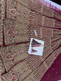 Hussain Rehar Sarang Berry Red Bridal Pishwas Lehenga with Sage Green Dupatta | Luxury Collection