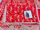 Hussain Rehar Motiya Carmine Red Raw Silk Pishwas Lehenga with Net Dupatta | Bridal Collection
