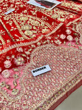 Hussain Rehar Motiya Carmine Red Raw Silk Pishwas Lehenga with Net Dupatta | Bridal Collection