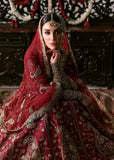 Hussain Rehar Motiya Carmine Red Raw Silk Pishwas Lehenga with Net Dupatta | Bridal Collection
