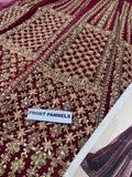 Hussain Rehar Sarang Berry Red Bridal Pishwas Lehenga with Sage Green Dupatta | Luxury Collection
