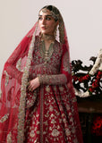 Hussain Rehar Motiya Carmine Red Raw Silk Pishwas Lehenga with Net Dupatta | Bridal Collection
