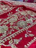 Hussain Rehar Motiya Carmine Red Raw Silk Pishwas Lehenga with Net Dupatta | Bridal Collection