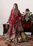 Hussain Rehar Motiya Carmine Red Raw Silk Pishwas Set | Chandheri Lehenga & Net Dupatta
