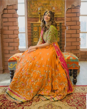 slim fit dress slacks Delicate Mehndi Dress in Yellow and Green Combination – Aminas Collection