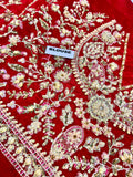 Hussain Rehar Motiya Carmine Red Raw Silk Pishwas Lehenga with Net Dupatta | Bridal Collection