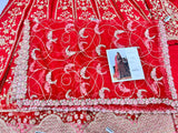 Hussain Rehar Motiya Carmine Red Raw Silk Pishwas Set | Chandheri Lehenga & Net Dupatta