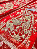 Hussain Rehar Motiya Carmine Red Raw Silk Pishwas Set | Chandheri Lehenga & Net Dupatta