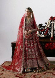 Hussain Rehar Motiya Carmine Red Raw Silk Pishwas Set | Chandheri Lehenga & Net Dupatta