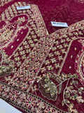 Hussain Rehar Sarang Berry Red Bridal Pishwas Lehenga with Sage Green Dupatta | Luxury Collection