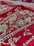 Hussain Rehar Motiya Carmine Red Raw Silk Pishwas Set | Chandheri Lehenga & Net Dupatta