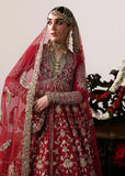 Hussain Rehar Motiya Carmine Red Raw Silk Pishwas Set | Chandheri Lehenga & Net Dupatta