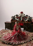 Hussain Rehar Motiya Carmine Red Raw Silk Pishwas Set | Chandheri Lehenga & Net Dupatta