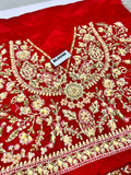 Hussain Rehar Motiya Carmine Red Raw Silk Pishwas Lehenga with Net Dupatta | Bridal Collection