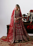 Hussain Rehar Motiya Carmine Red Raw Silk Pishwas Lehenga with Net Dupatta | Bridal Collection
