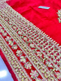 Hussain Rehar Motiya Carmine Red Raw Silk Pishwas Lehenga with Net Dupatta | Bridal Collection