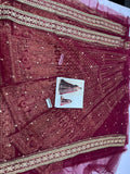 Hussain Rehar Sarang Berry Red Bridal Pishwas Lehenga with Sage Green Dupatta | Luxury Collection