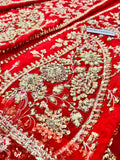 Hussain Rehar Motiya Carmine Red Raw Silk Pishwas Lehenga with Net Dupatta | Bridal Collection