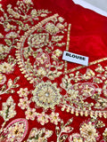 Hussain Rehar Motiya Carmine Red Raw Silk Pishwas Lehenga with Net Dupatta | Bridal Collection