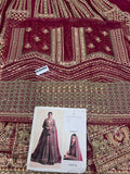 Hussain Rehar Sarang Berry Red Bridal Pishwas Lehenga with Sage Green Dupatta | Luxury Collection