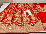 Hussain Rehar Motiya Carmine Red Raw Silk Pishwas Lehenga with Net Dupatta | Bridal Collection